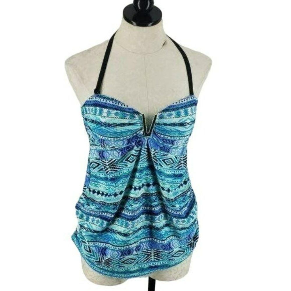 Isabel Maternity Blue Geometric V-Wire Halter Tankini Swim Top Medium